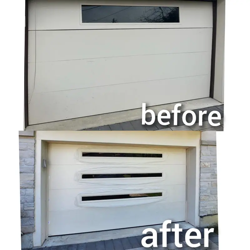 Carriage-style garage door featuring arched windows